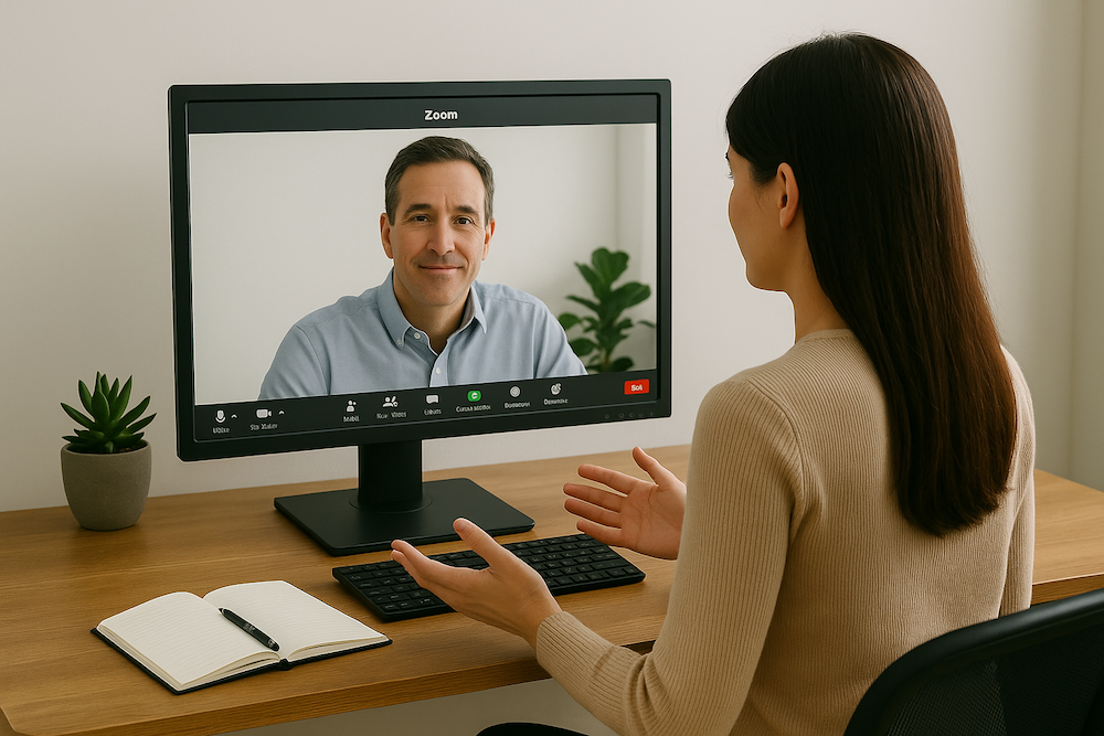 Lady chatting to a client on Zoom on a PC