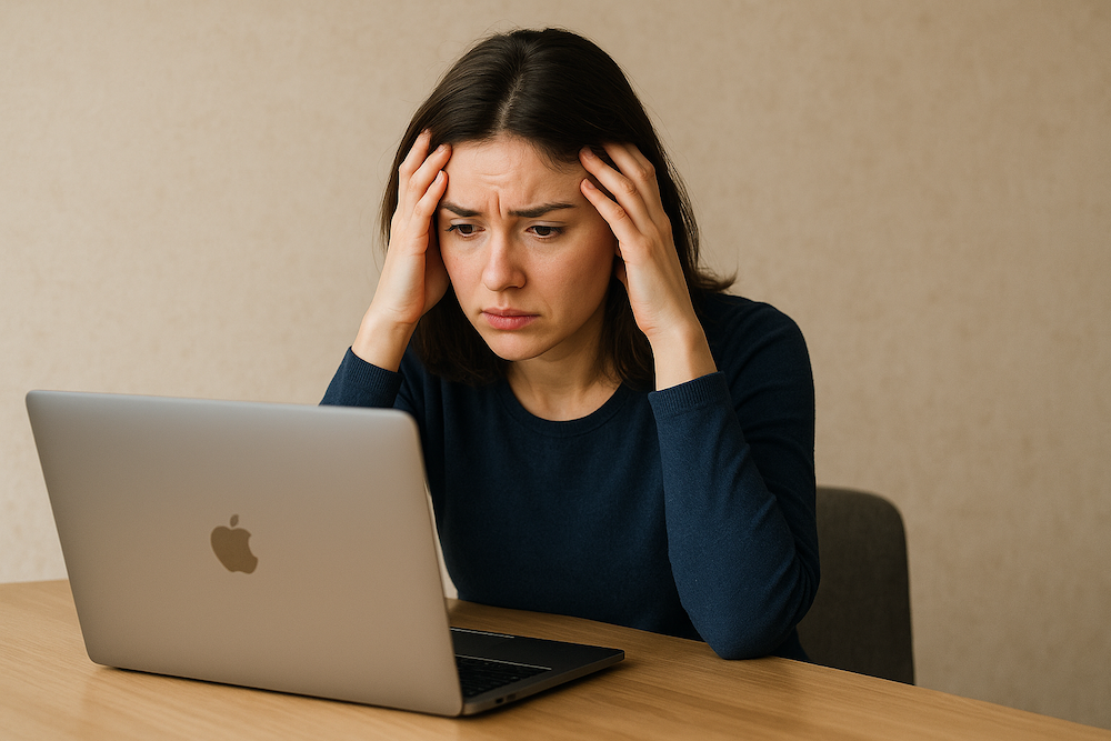 Woman holding her head in her hands in front of a laptop